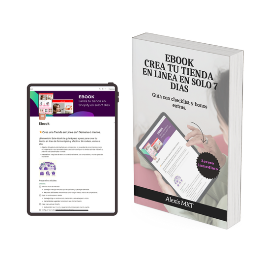 **Alt text:**   *"Portada del eBook 'Crea tu tienda en línea en 7 días', una guía paso a paso para emprendedores que quieren lanzar su tienda en Shopify rápidamente, con checklist, estrategias y hacks para optimizar su ecommerce.